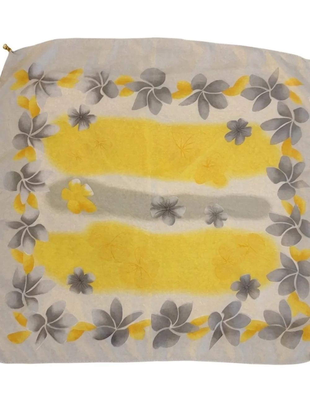 Floral Square Scarf w/ Magnetic Clasp 25x25 Yellow Grey Silk Feeling Accessory